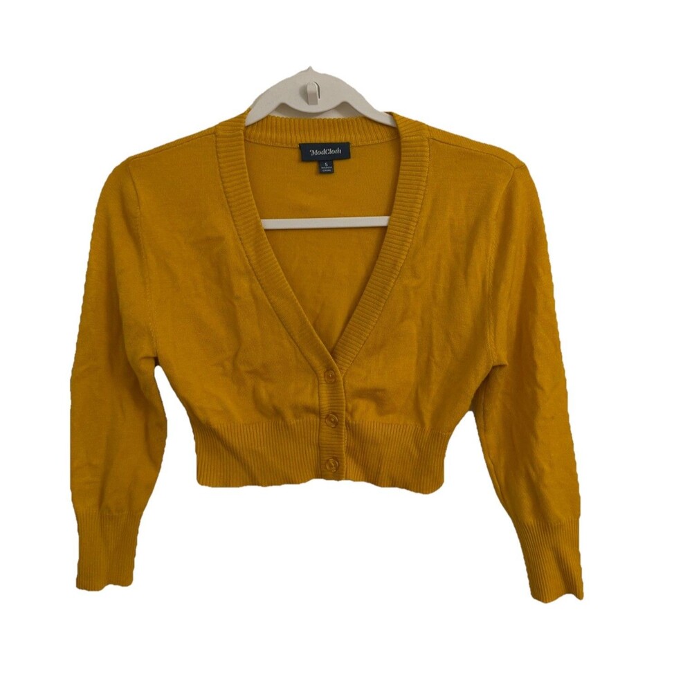ModCloth Cardigan Womens Small Mustard Yellow Cropped V-Neck Button Knit